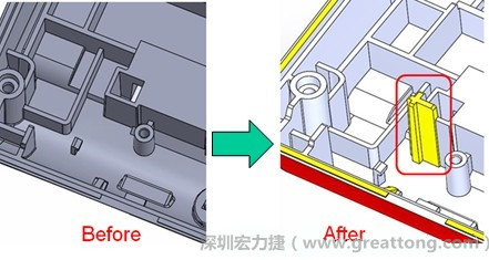 既然知道可能的問題出在電路板變形量過大,于是在電路板上黏貼應(yīng)力計(jì)(Stress Gauge)然后先量測未改善前的應(yīng)力數(shù)據(jù)。改善方法是在BGA的附近新增機(jī)溝肋柱(rib)來頂住電路板以降低電路板在落下時的變形量。