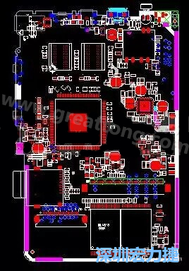 上圖是一個(gè)開發(fā)板的PCB，從布局中可以看出各個(gè)接口電路分離很明確，SDRAM和DDR以及SD卡接口電路等走線不會(huì)造成相互的干擾。-深圳宏力捷