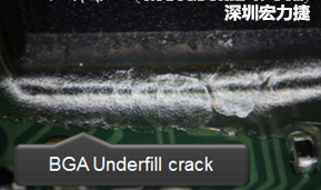 下面兩張照片就顯示既使添加了底部填充膠underfill，經過摔落后還是發生BGA錫球破裂的問題，因為連Underfill膠都裂開了。