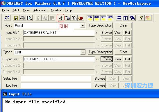 輸出文件類型(Type)選 EDIF。Output File 1 指定輸出文件的文件名和路徑。然后點擊 Run(跑動的小人)。