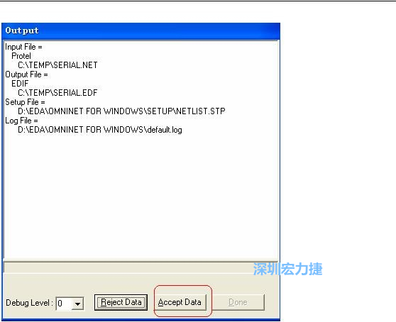 系統彈出一個輸出窗口，點擊 Accept Data。完成后點擊“確定”，再點擊“Done”關閉輸出窗口。退出 Omninet for Windows。