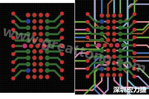 圖7：焊盤內過孔用于內部，而外部接腳在0.5mm閘格上扇出。圖7a顯示的是頂層(左)；圖7b顯示頂層和內部布線層(右)。