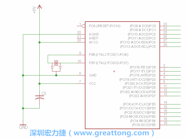 3.2.    在靠近ATmega的電源供應針腳7的位置放置一個0.1μF的電容，將它分別連接電源、接地端和針腳7。