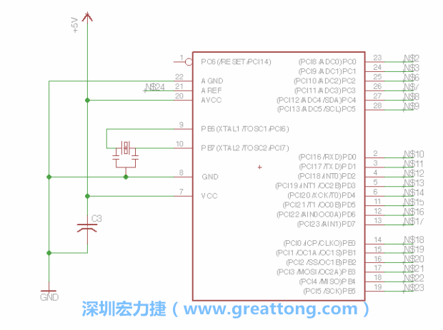 3.3.    將共鳴器（resonator）放置在針腳9和針腳10附近，將它的三個針腳連接如圖所示，并確認最中間的針腳有連到接地端。