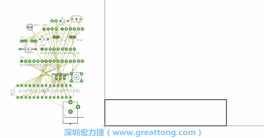第一次執(zhí)行布線編輯器時(shí)，你會(huì)發(fā)現(xiàn)有兩個(gè)區(qū)塊，左邊的區(qū)塊非常混亂，而右邊的區(qū)塊則是一個(gè)長(zhǎng)方形的工作區(qū)域，EAGLE免費(fèi)版會(huì)限制你的工作區(qū)域在4” x 3.2”的范圍內(nèi)，如果你試圖將元件擺放在工作區(qū)外的話，就會(huì)跳出警示訊息。