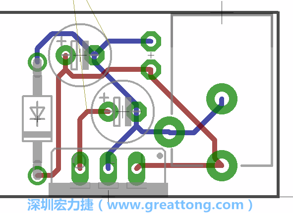 接地連結(jié)點(diǎn)的布線情形如下圖所示，利用這個(gè)練習(xí)來(lái)避免電路連線銳角化的產(chǎn)生是一個(gè)不錯(cuò)的選擇，你可以在工具列中的彎曲線路（Wire Bend）選項(xiàng)里改變各種布線的變化。