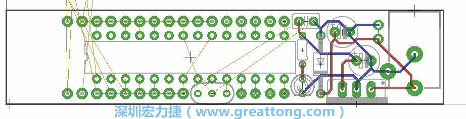 將ATmega微控制器、三個(gè)GPIO排針（JP2, JP3, JP4）和諧振器（resonator）排置如上圖所示。